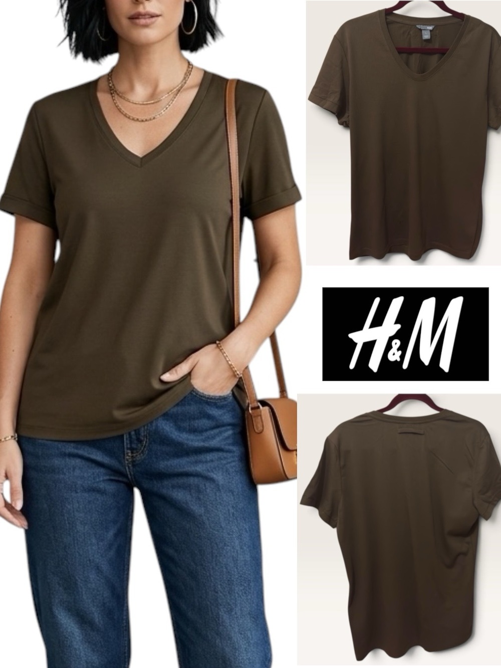H&M | NWOT 100% Cotton Brown V-Neck Short Sleeve T-Shirt (Size L)